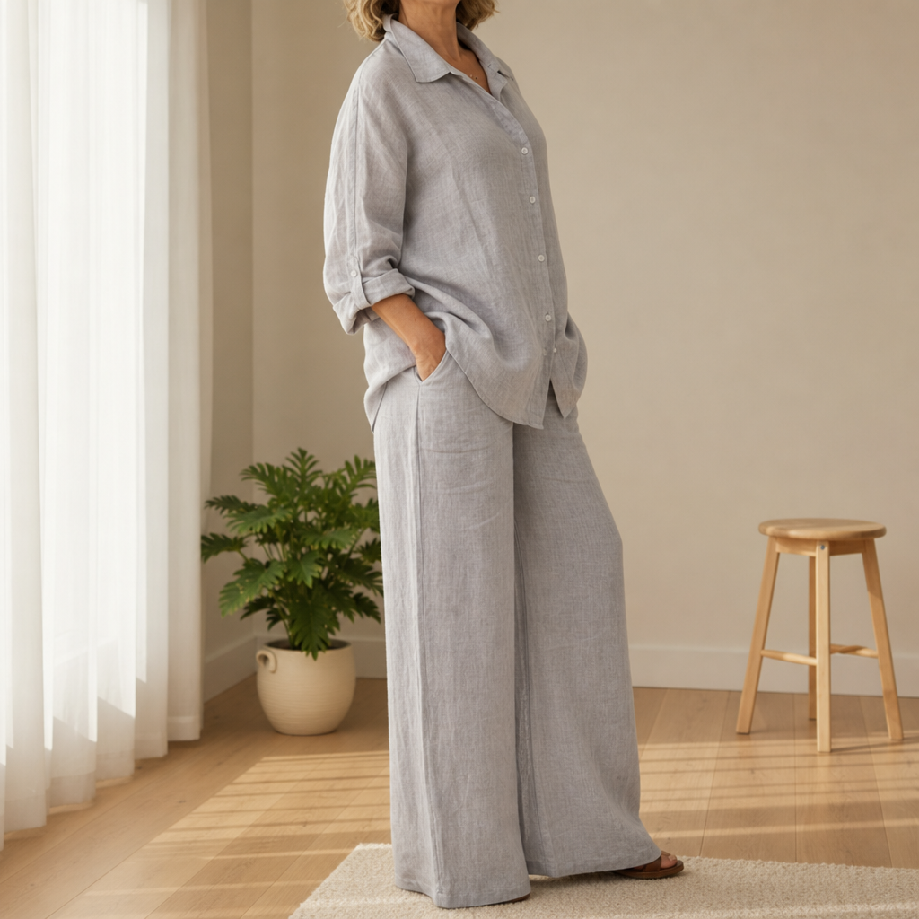 Comillas Linen Two-Piece Set in Gray