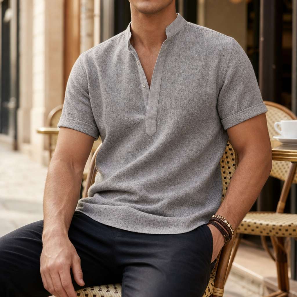 Polignano Linen Henley Shirt in Grey