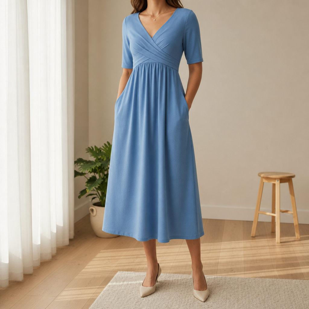 Rethymno Crossover Bodice Midi Dress in Light Blue