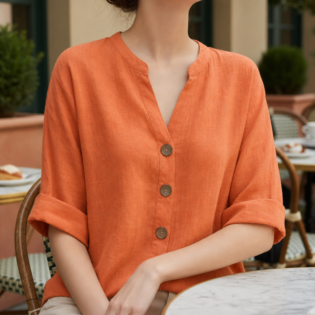 Montalcino Linen Button-Up Blouse in Orange