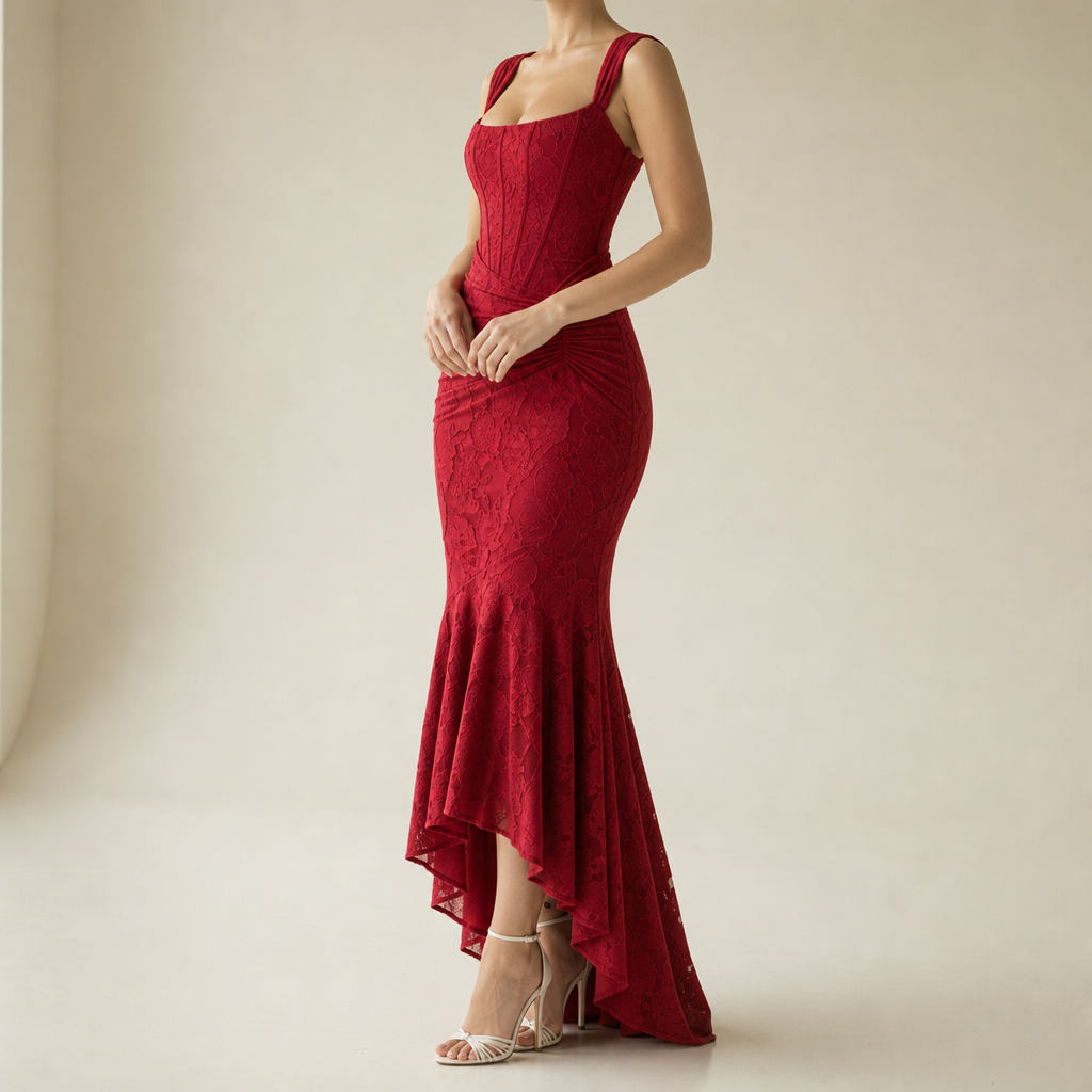 Bonifacio Lace High Low Dress in Red