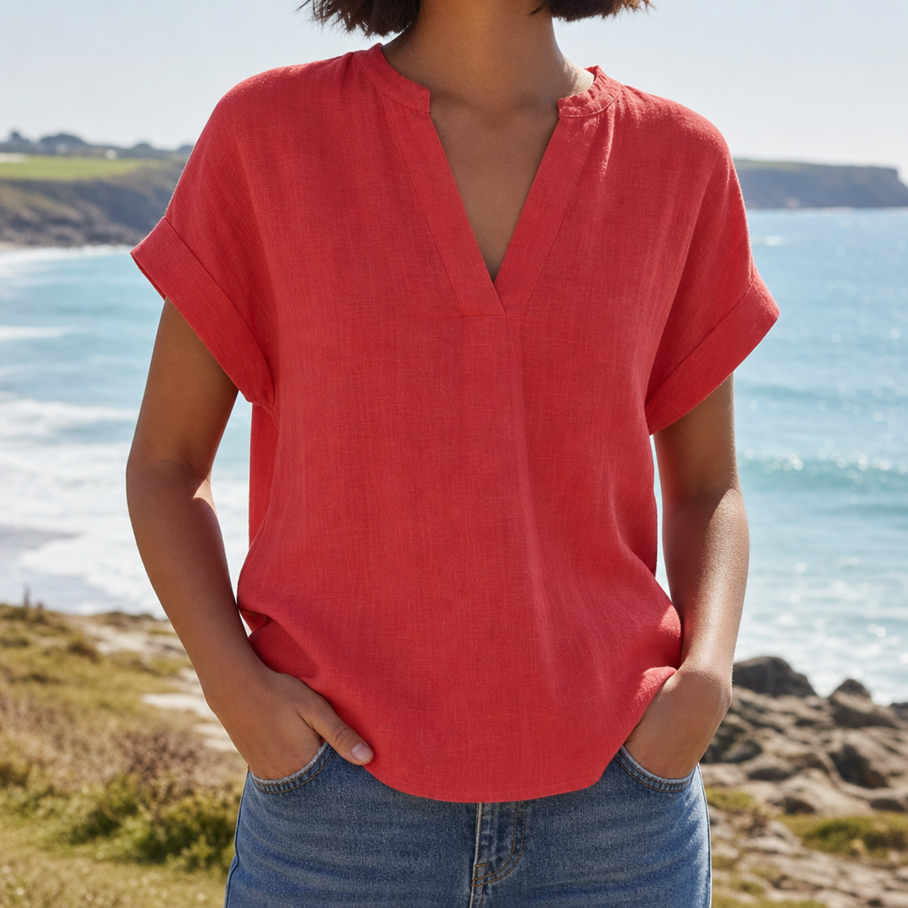 Tarifa Notched V-Neck Blouse in Red