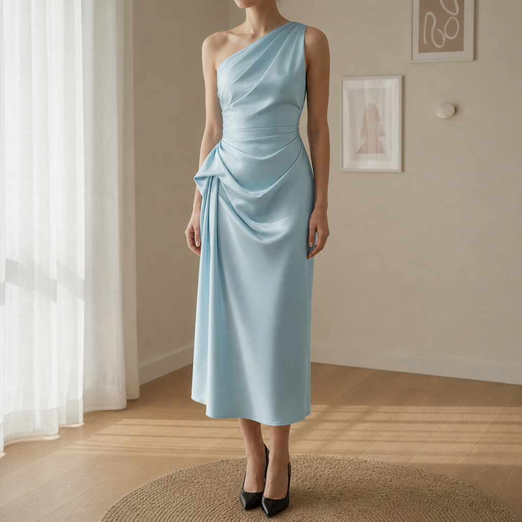 Valletta Ruched Satin Midi Dress in Sky Blue