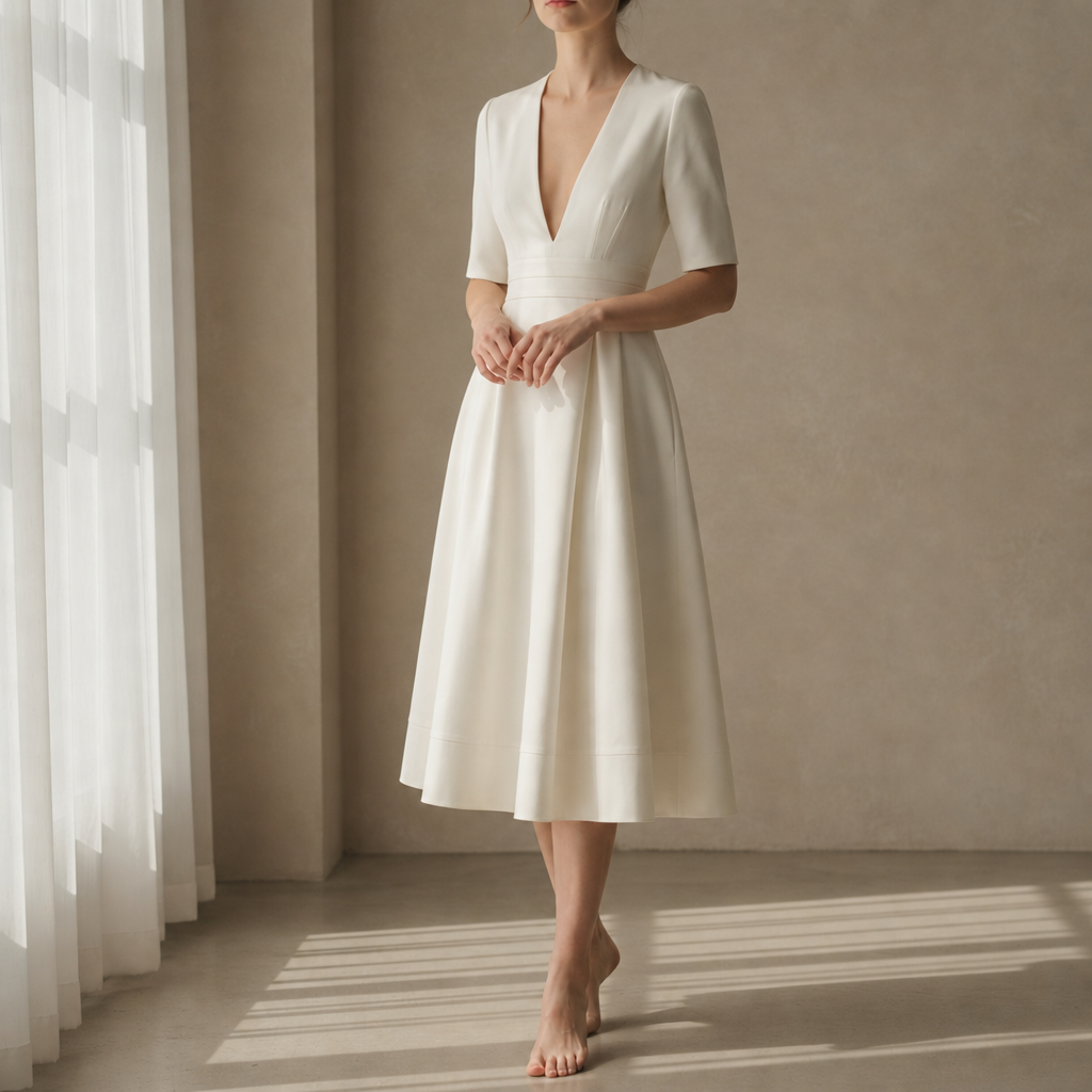 Gaeta Deep V Satin Midi Dress in White