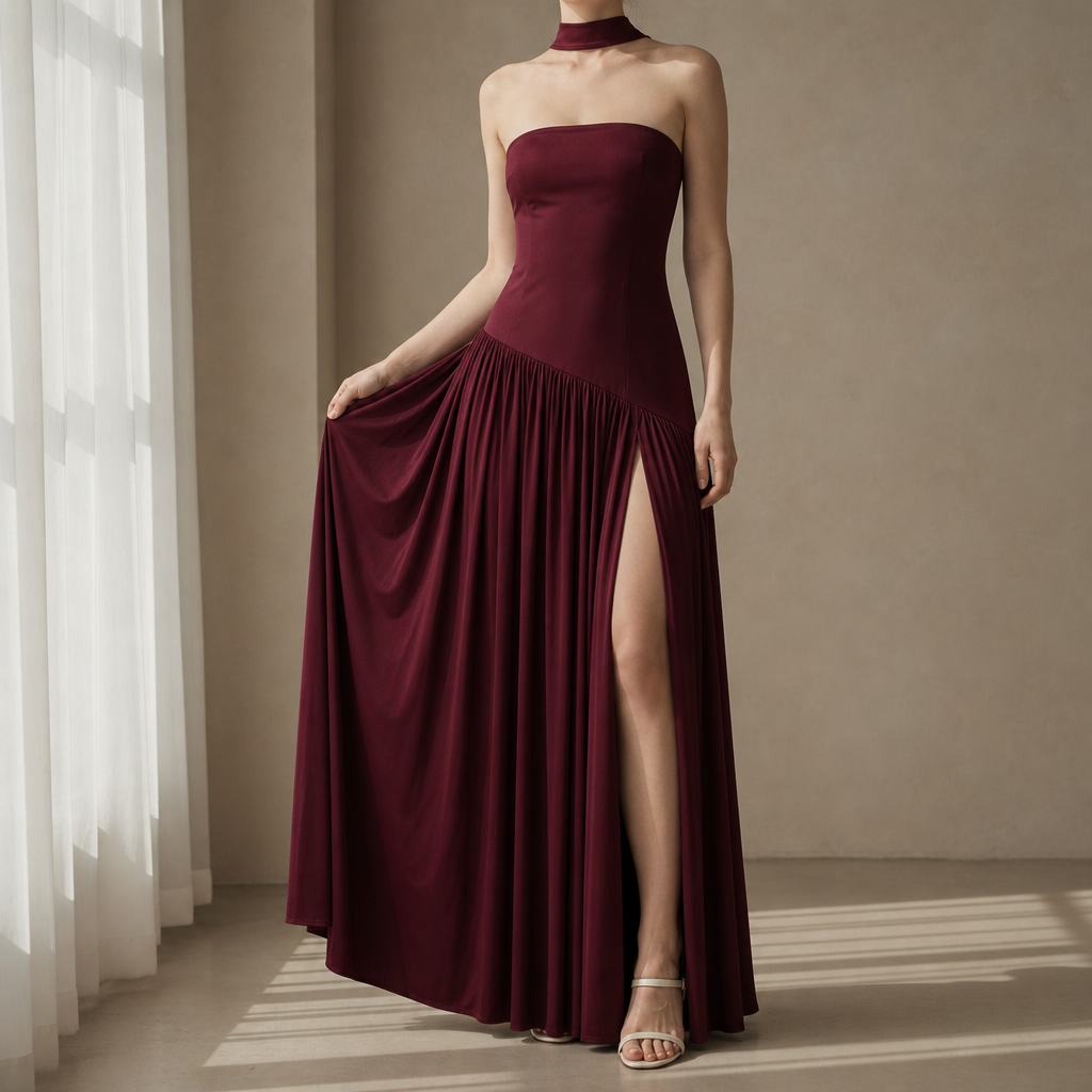 Segovia Strapless Halter Maxi Dress in Wine Red