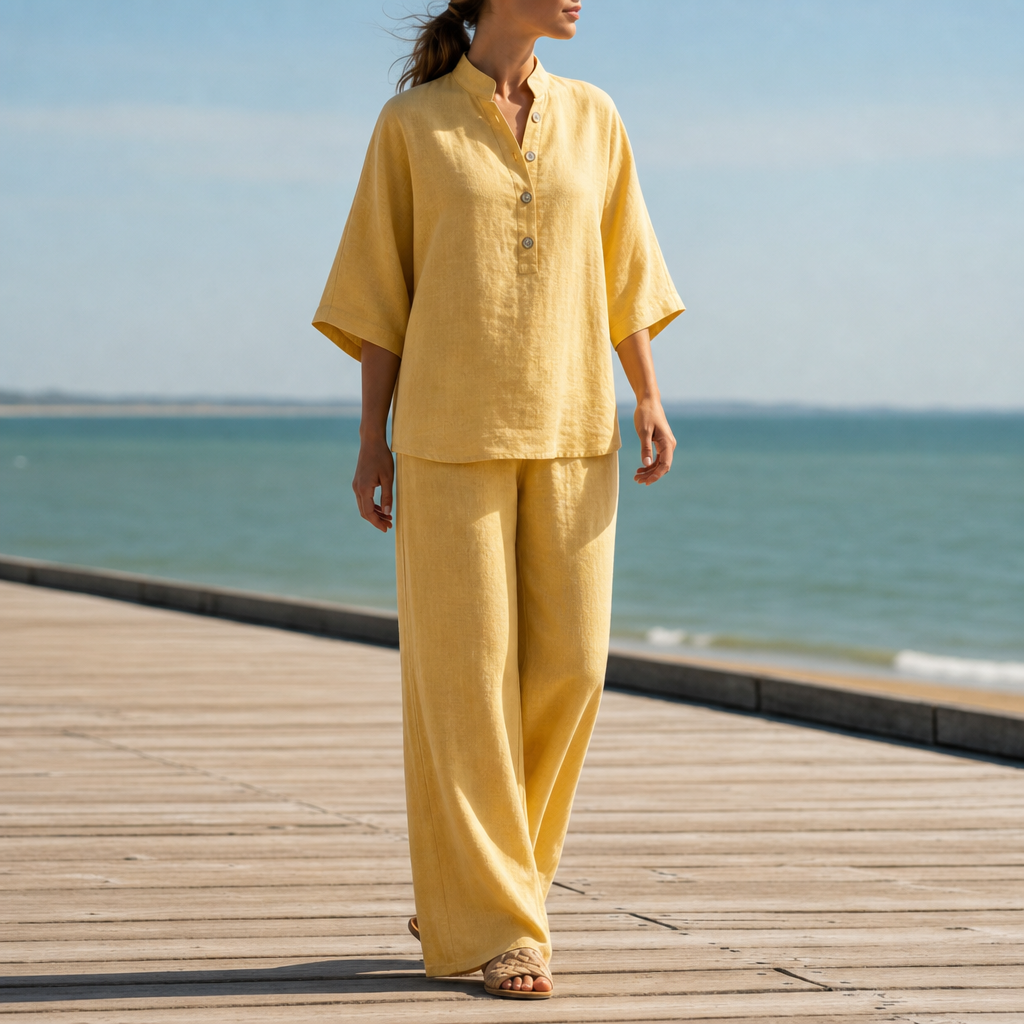 Kakopetria Linen Kimono Sleeve Set in Yellow