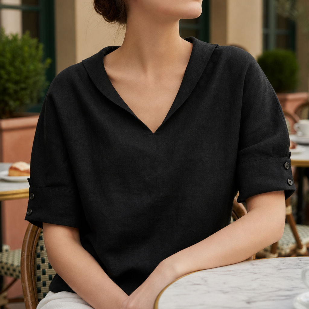 Naxos Linen V-Neck Blouse in Black