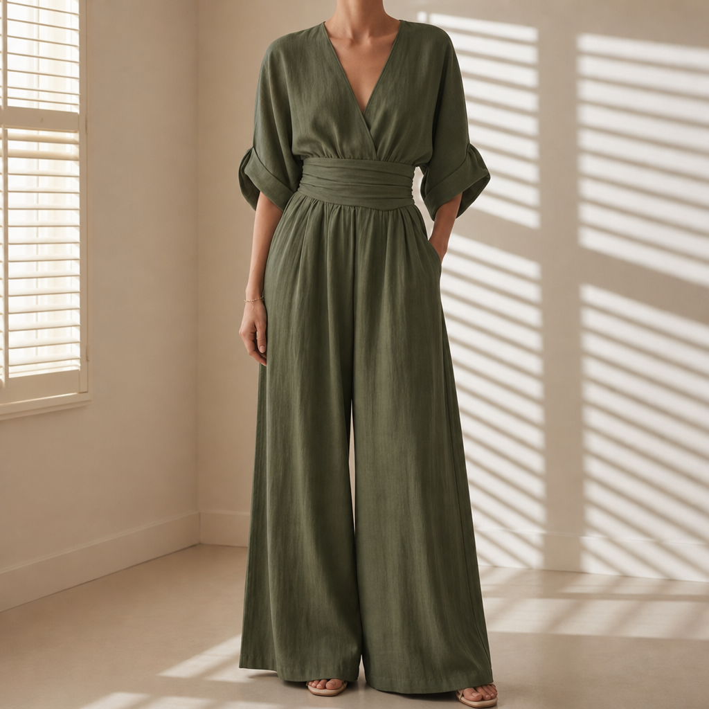 Siracusa V-Neck Wide-Leg Jumpsuit in Green