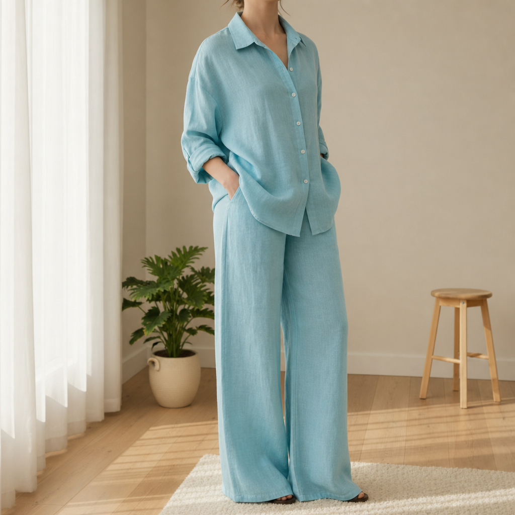 Comillas Linen Two-Piece Set in Lake Blue