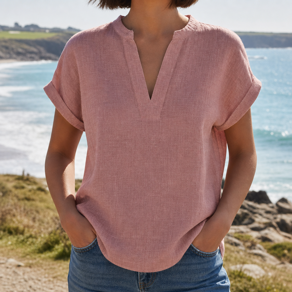 Tarifa Notched V-Neck Blouse in Pink