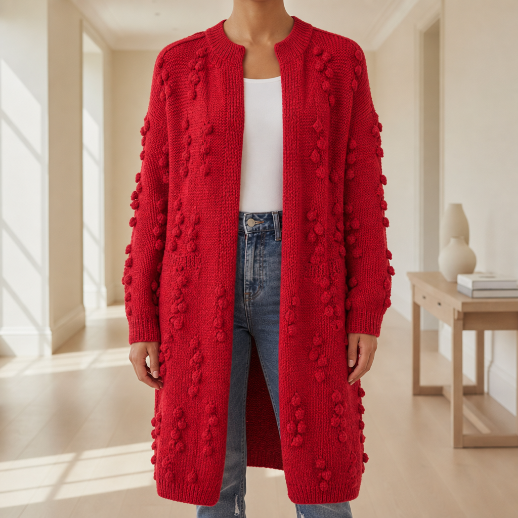 Monreale Textured Knit Long Cardigan in Red