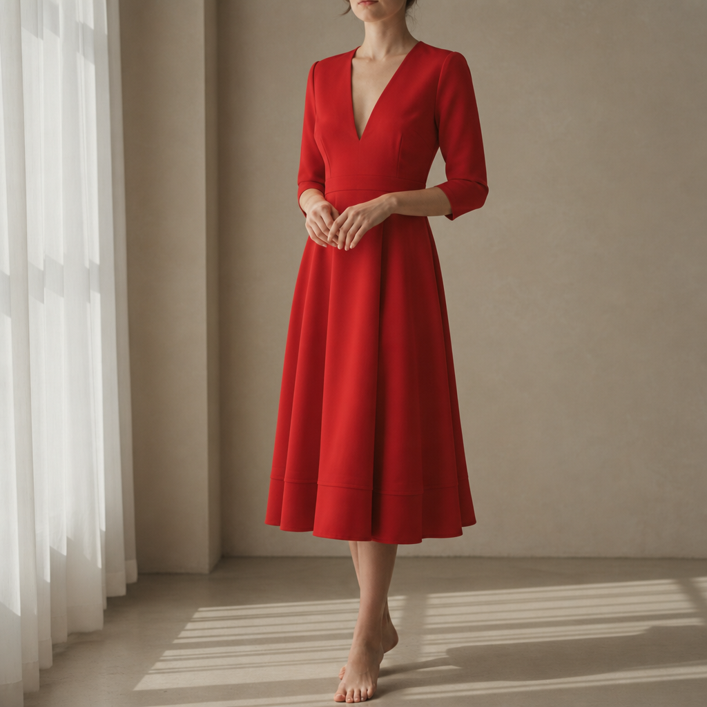 Gaeta Deep V Satin Midi Dress in Red