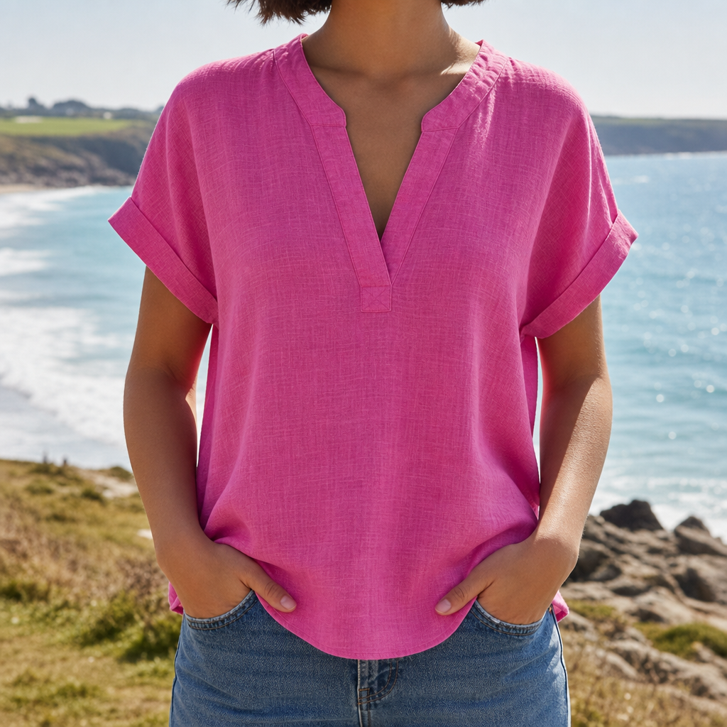 Tarifa Notched V-Neck Blouse in Bright Pink