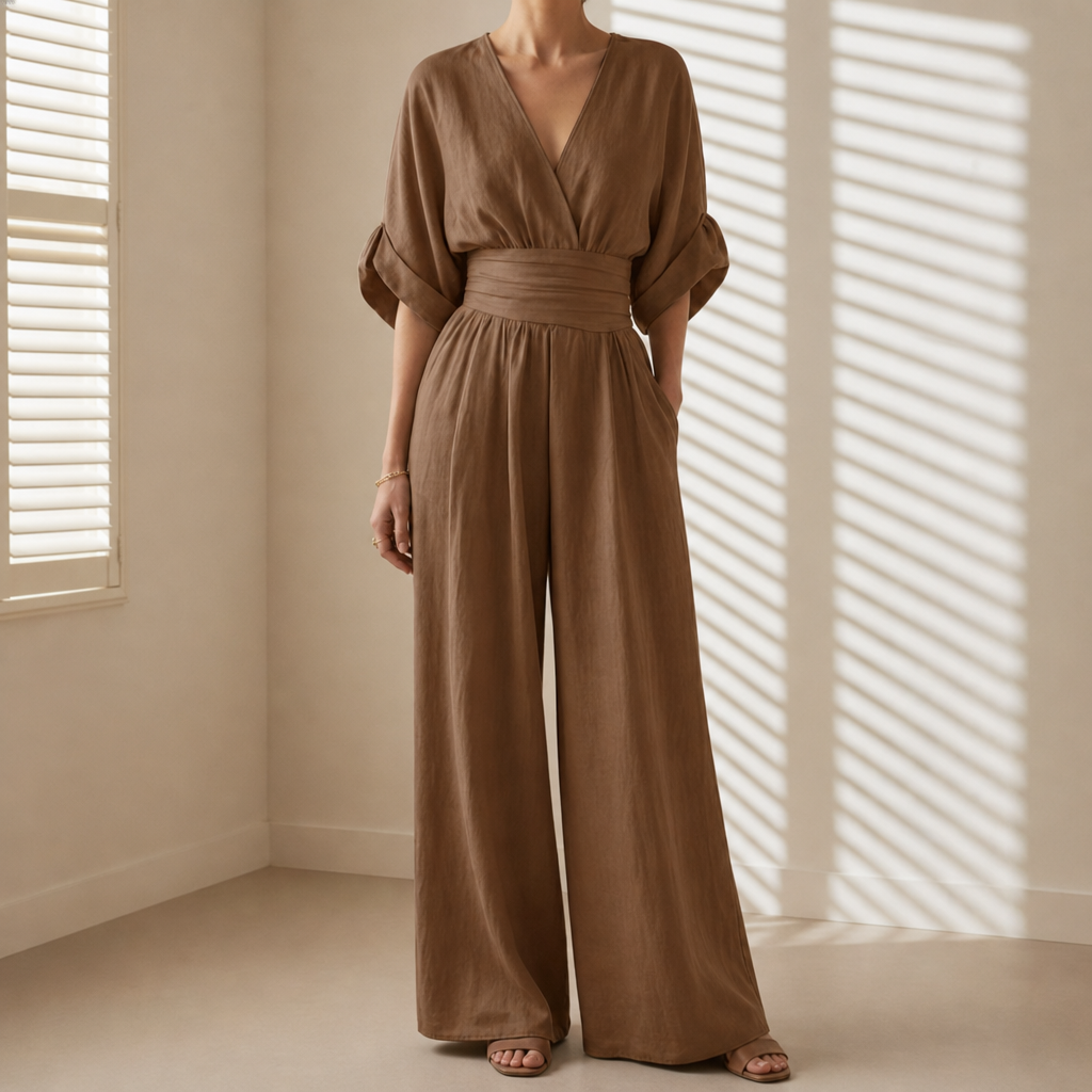 Siracusa V-Neck Wide-Leg Jumpsuit in Brown