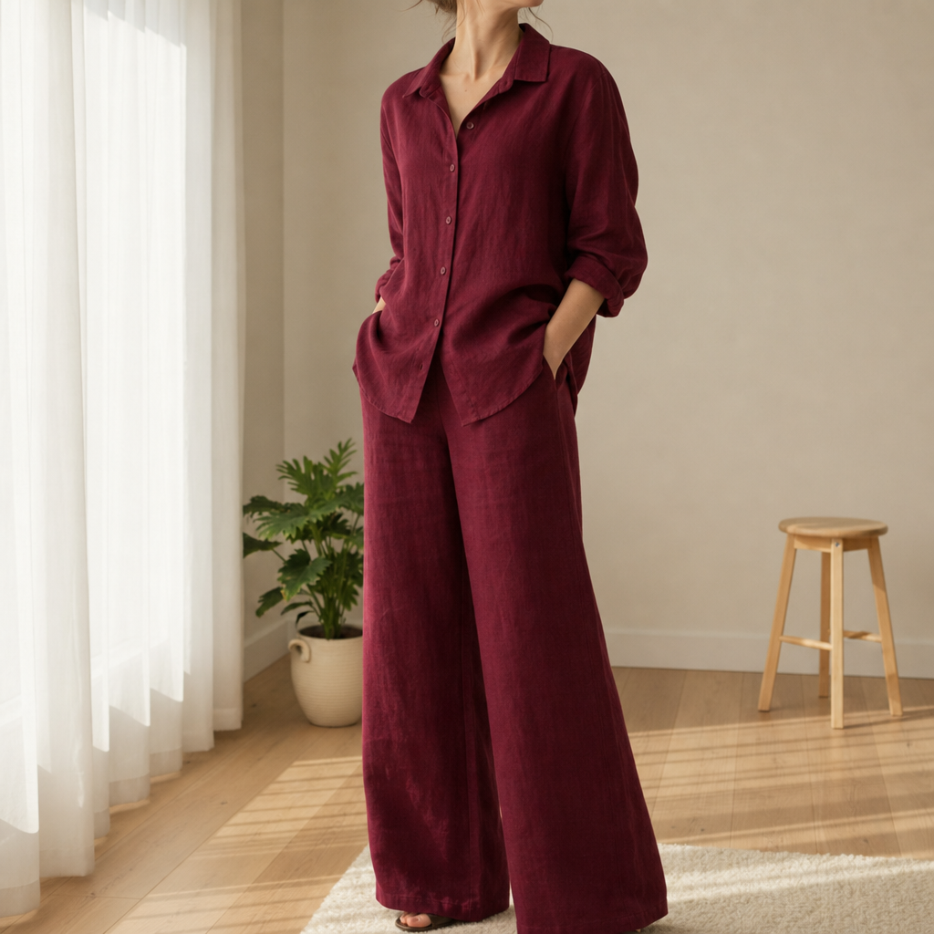 Comillas Linen Two-Piece Set in Burgundy