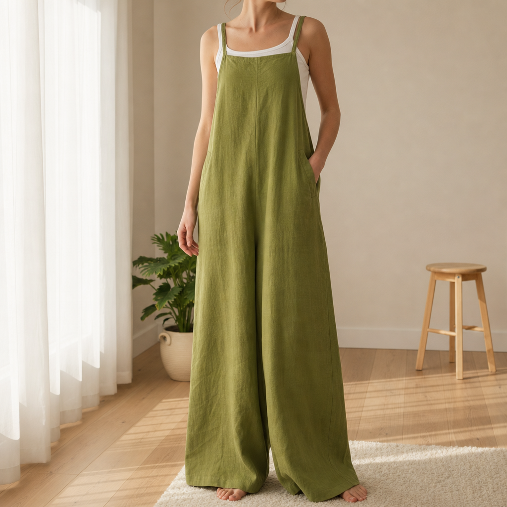 Corte Linen Bib Overall Jumpsuit in Olive Green