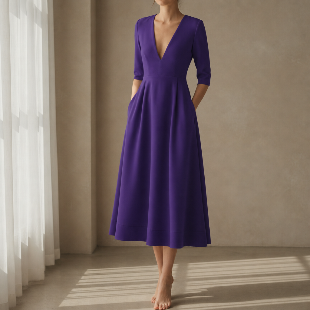 Gaeta Deep V Satin Midi Dress in Purple