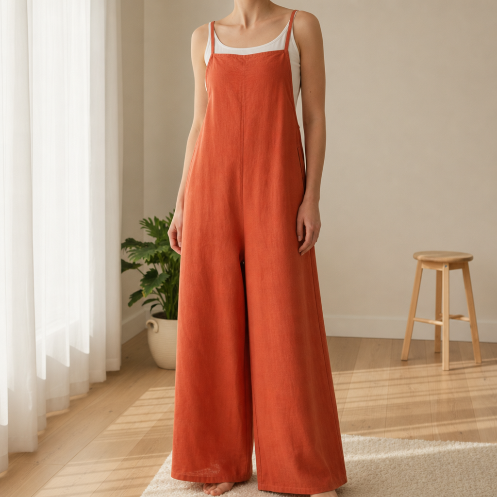 Corte Linen Bib Overall Jumpsuit in Orange Red