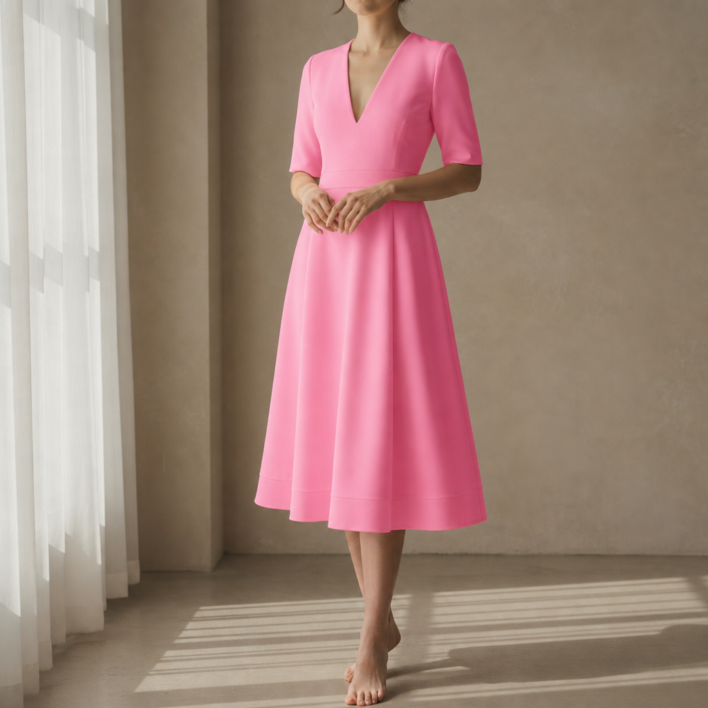 Gaeta Deep V Satin Midi Dress in Pink