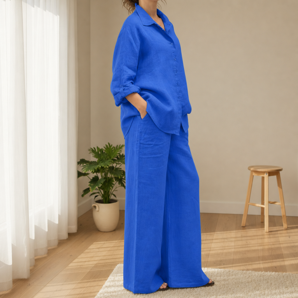 Comillas Linen Two-Piece Set in Royal Blue