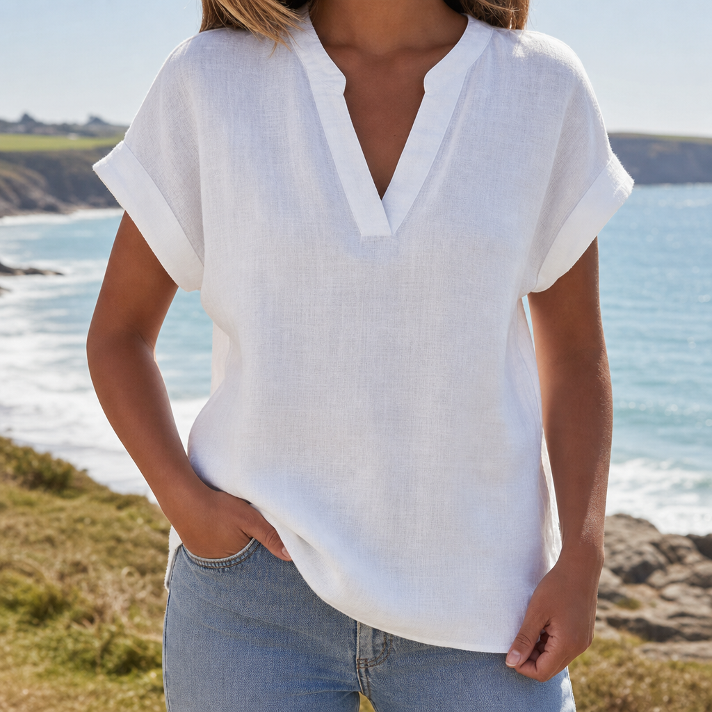 Tarifa Notched V-Neck Blouse in White