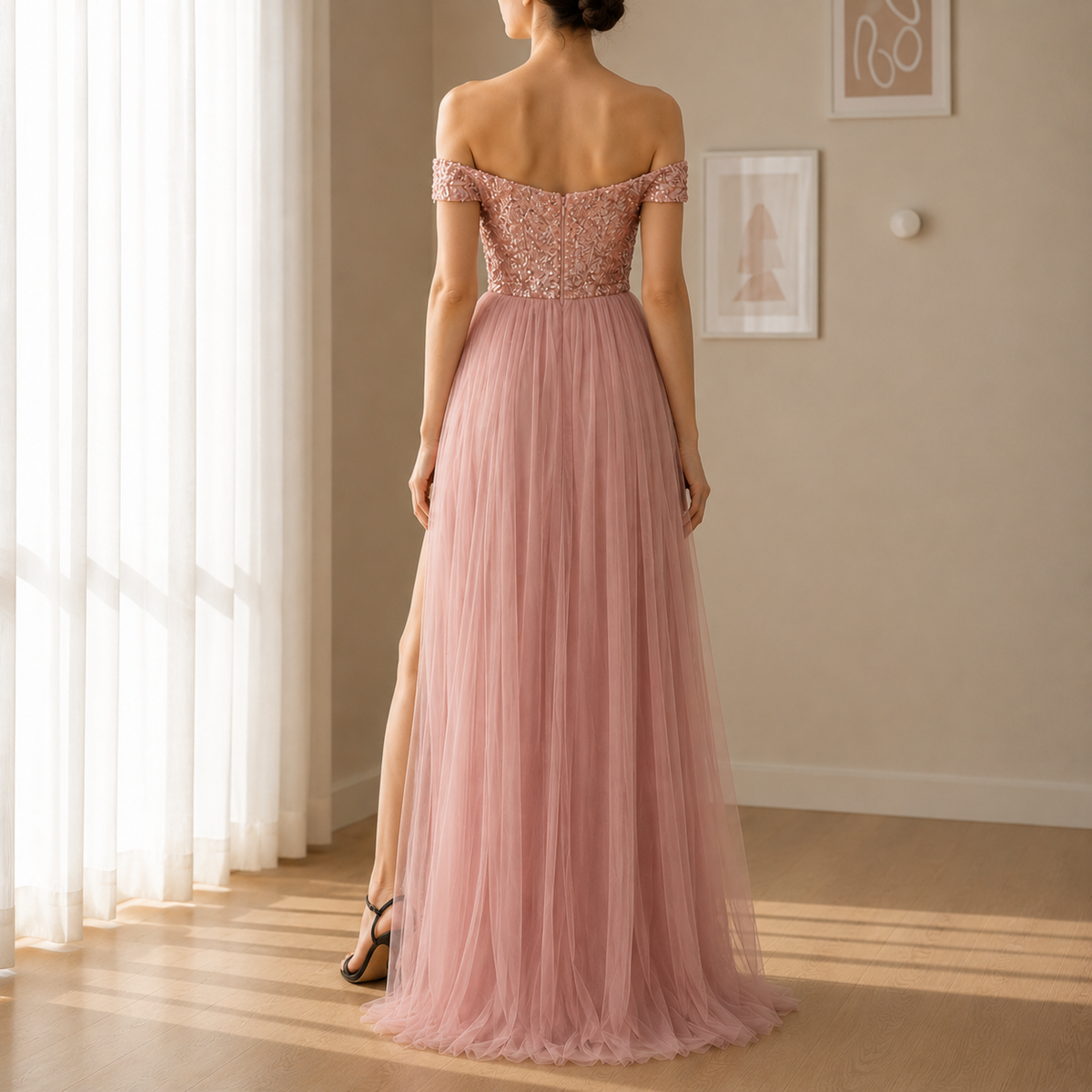 Nimes Sequin Tulle Maxi Dress in Pink2