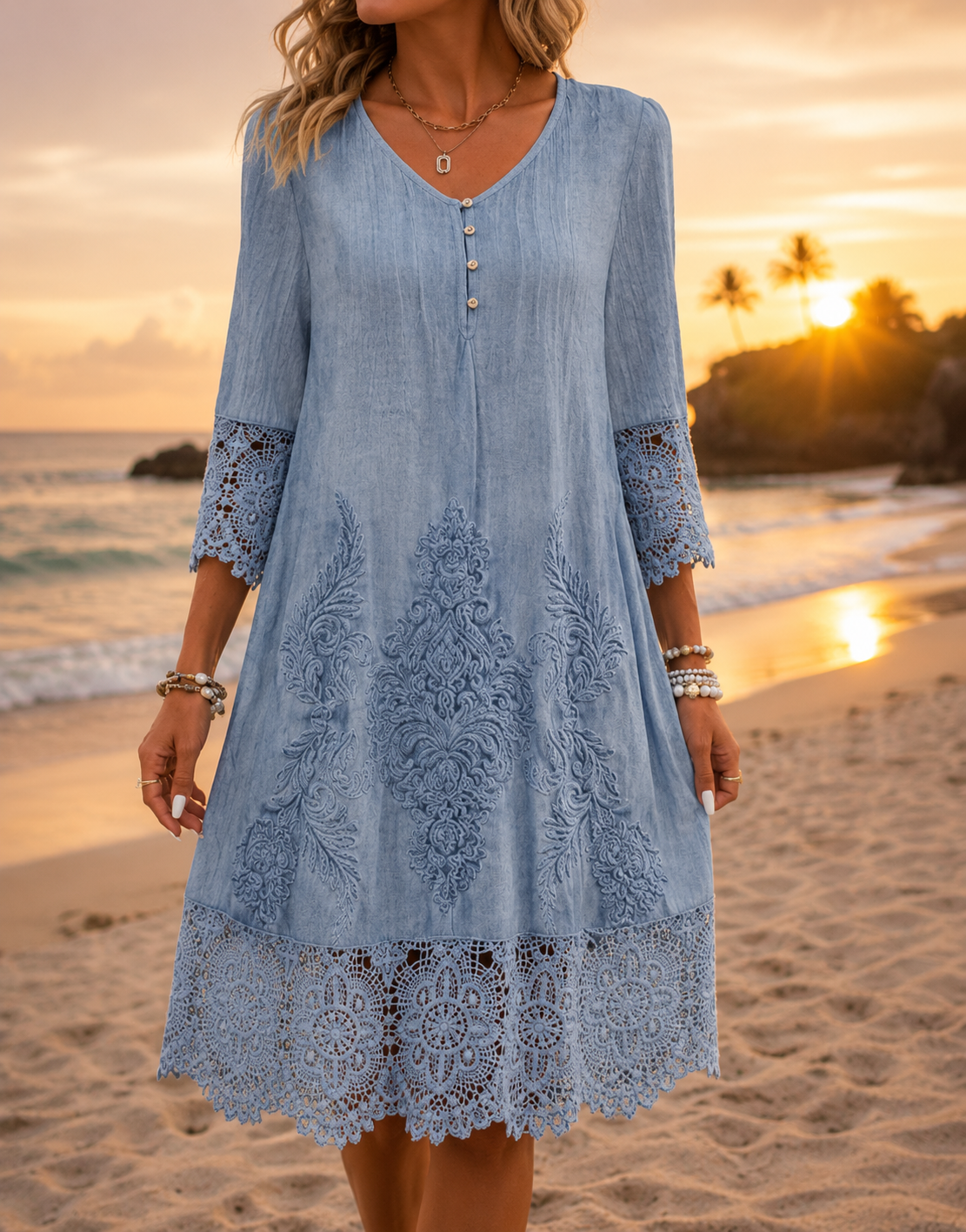Comillas Lace Trim Embroidered Dress