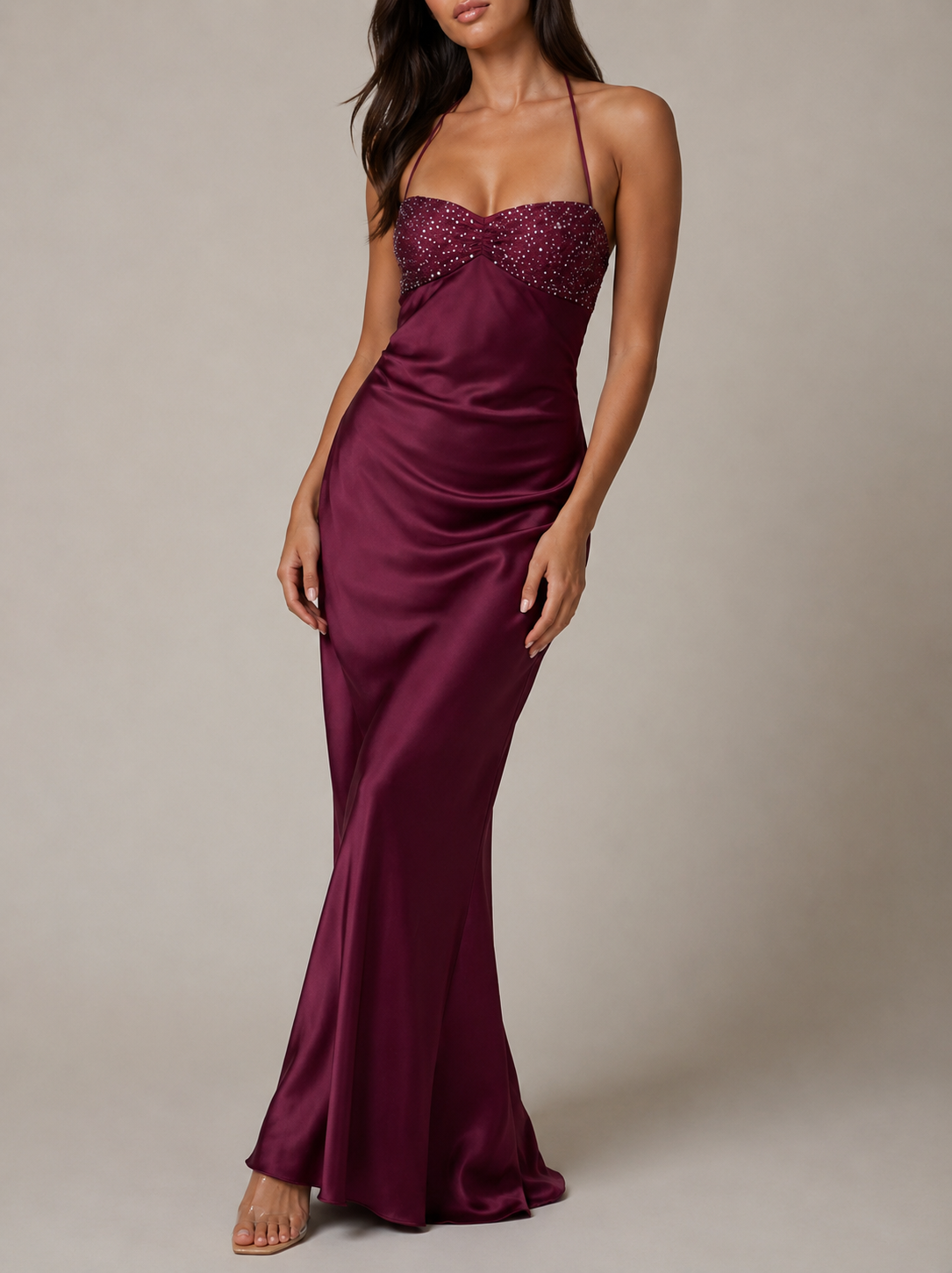 Funchal Pearl Beaded Satin Gown
