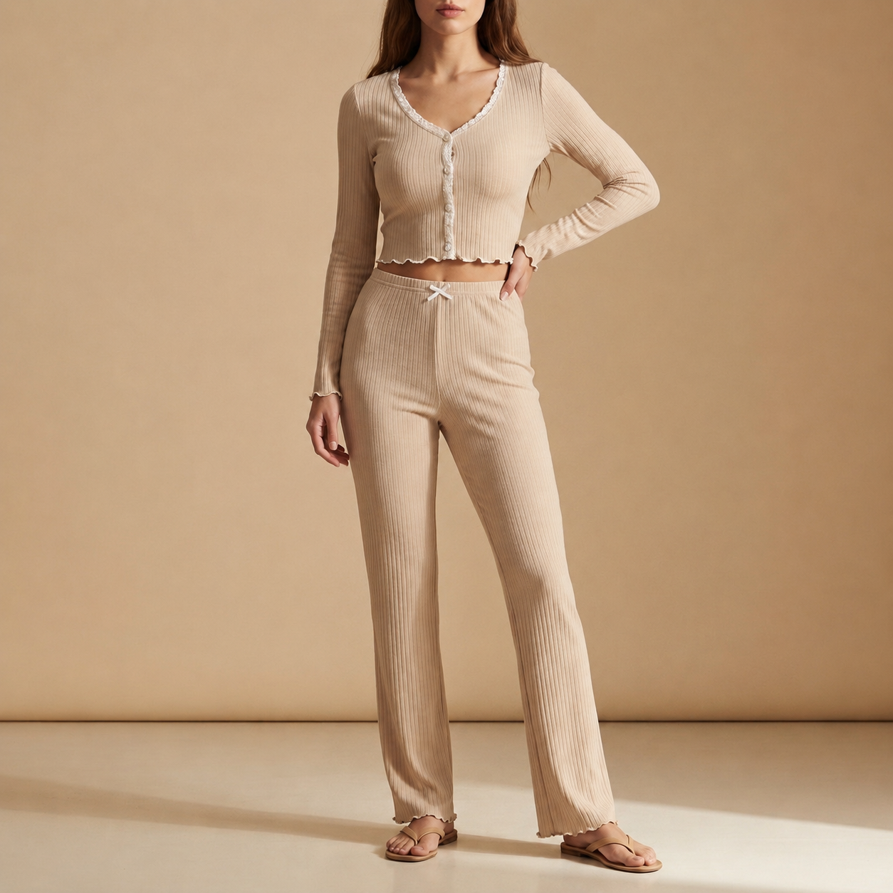 Folegandros Ribbed Lace Trim Pajama Set