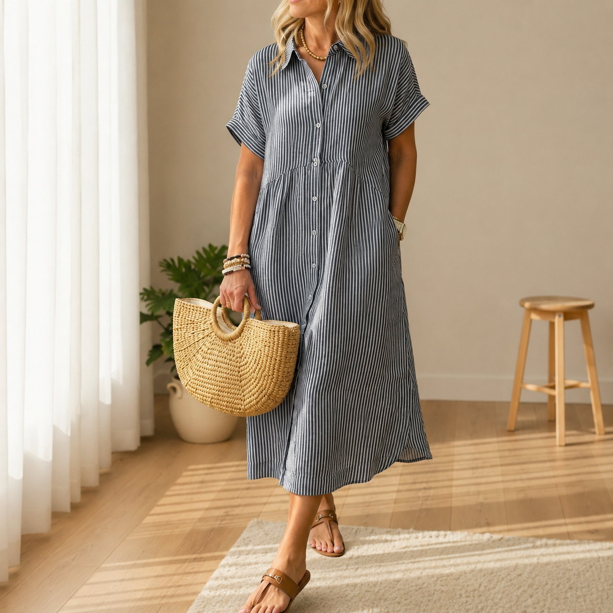 Maratea Striped Button-Up Midi Dress
