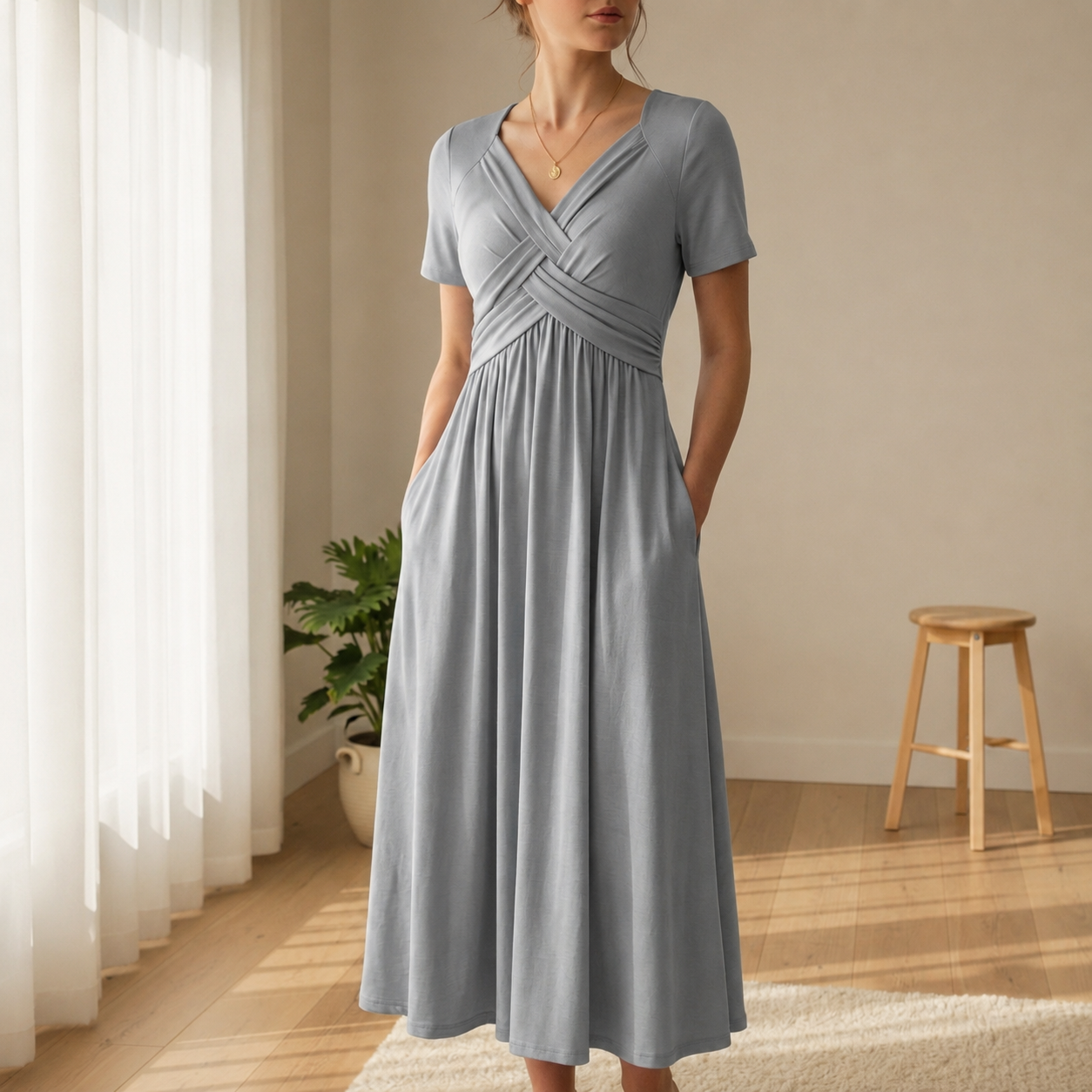 Ston Wrap V-Neck Midi Dress