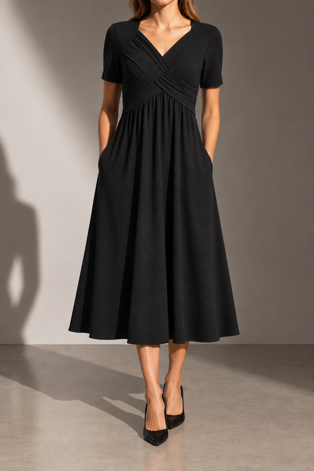 Nazare Ruched V-Neck Midi Dress
