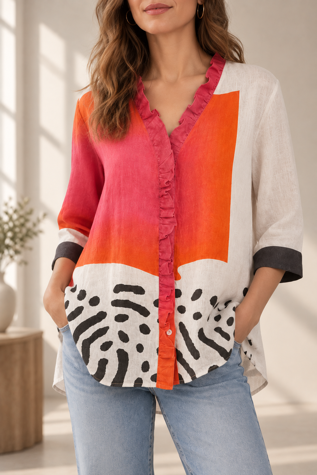 Poros Ruffle Print Blouse