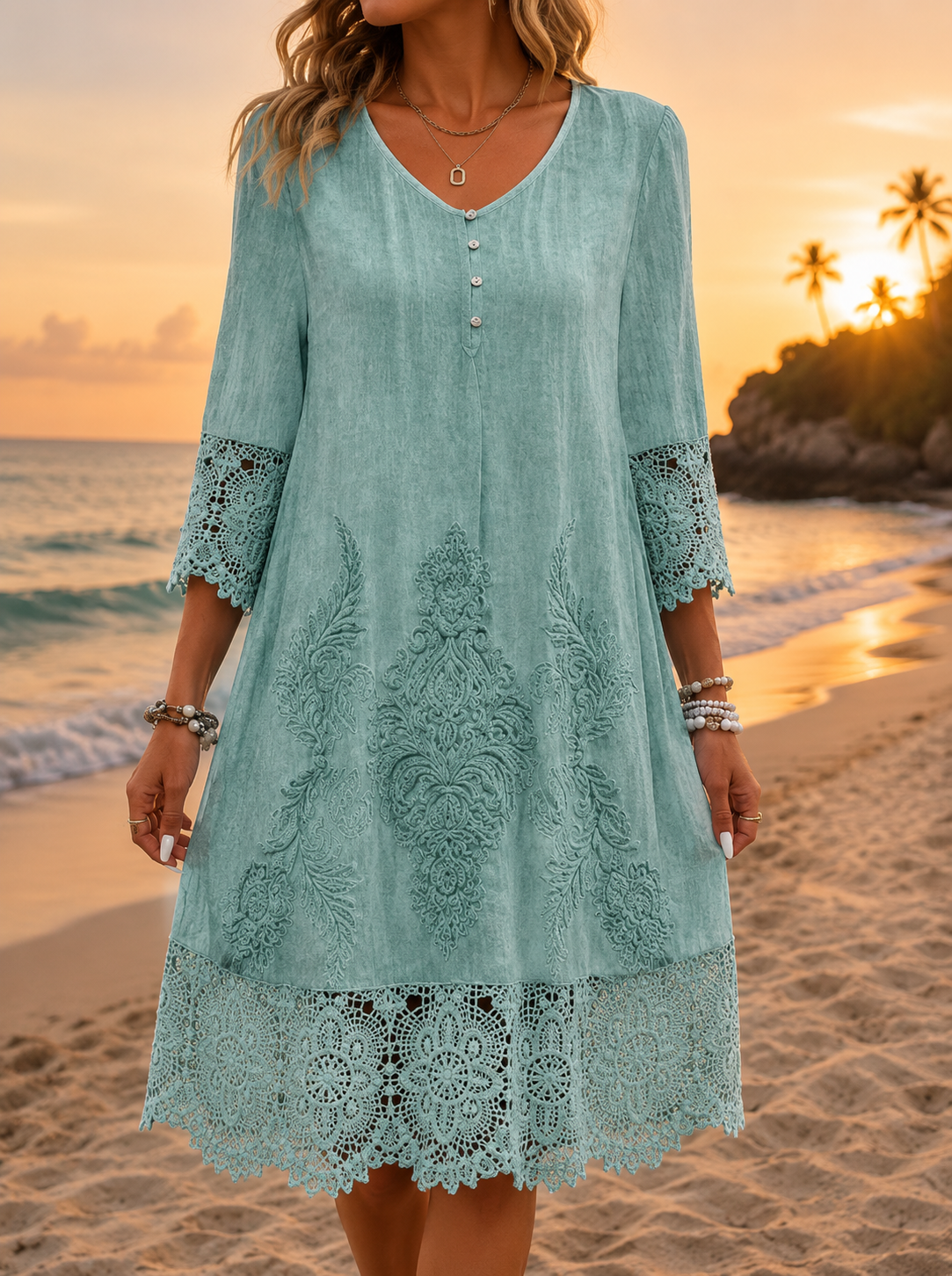 Comillas Lace Trim Embroidered Dress