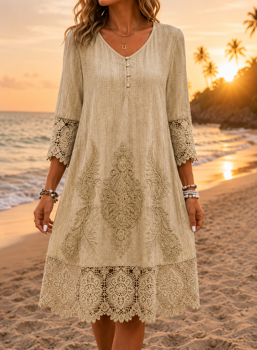 Comillas Lace Trim Embroidered Dress