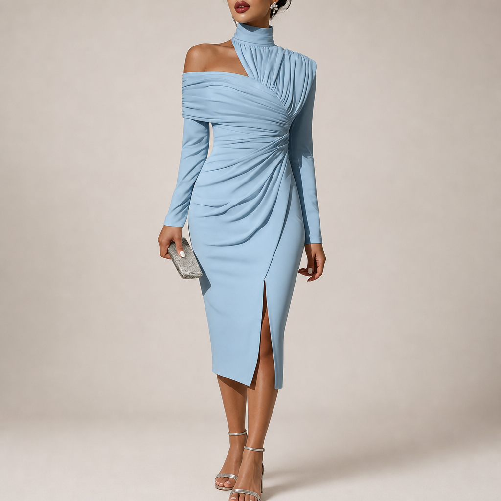 Ajaccio Ruched Asymmetrical Midi Dress in Light  Blue