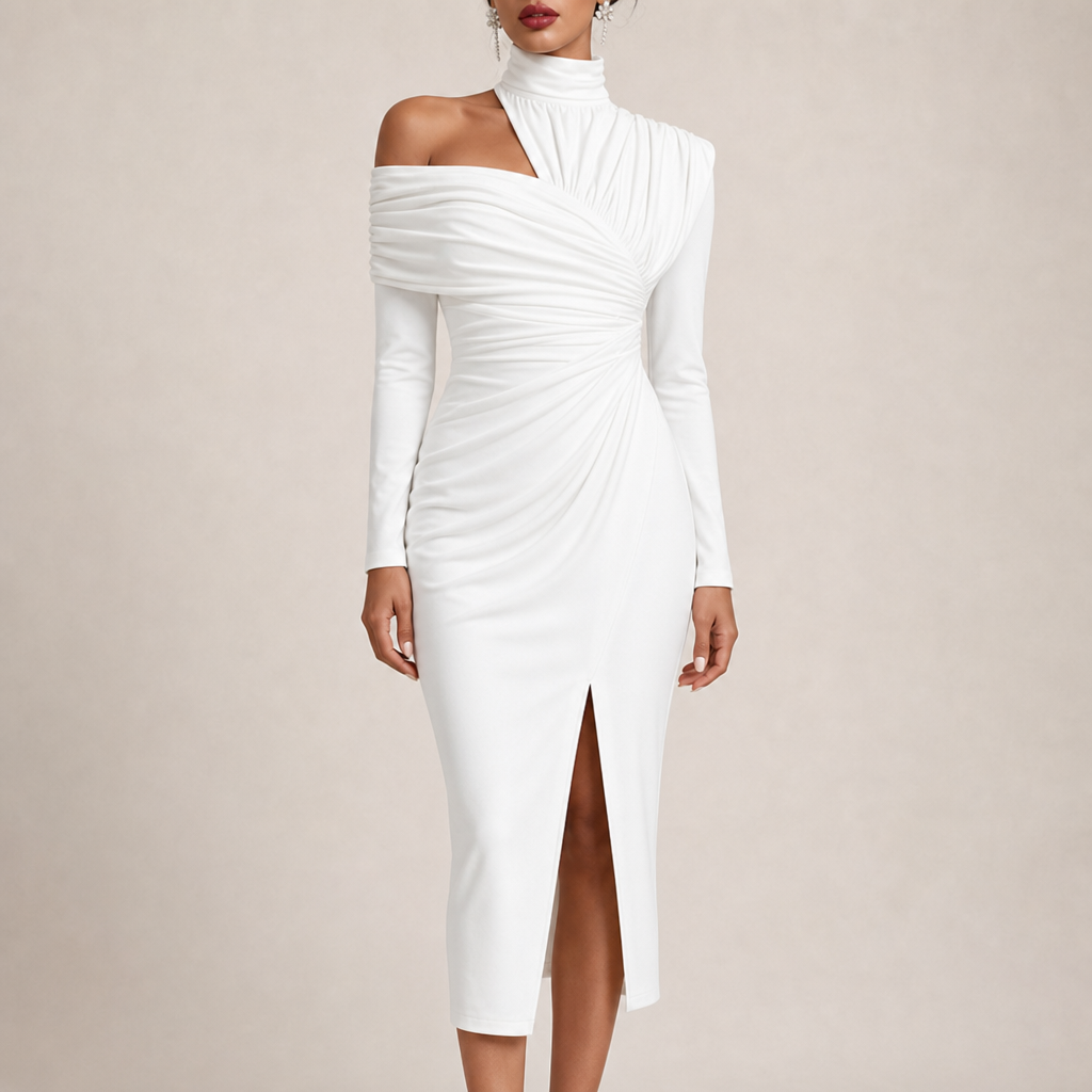 Ajaccio Ruched Asymmetrical Midi Dress in White