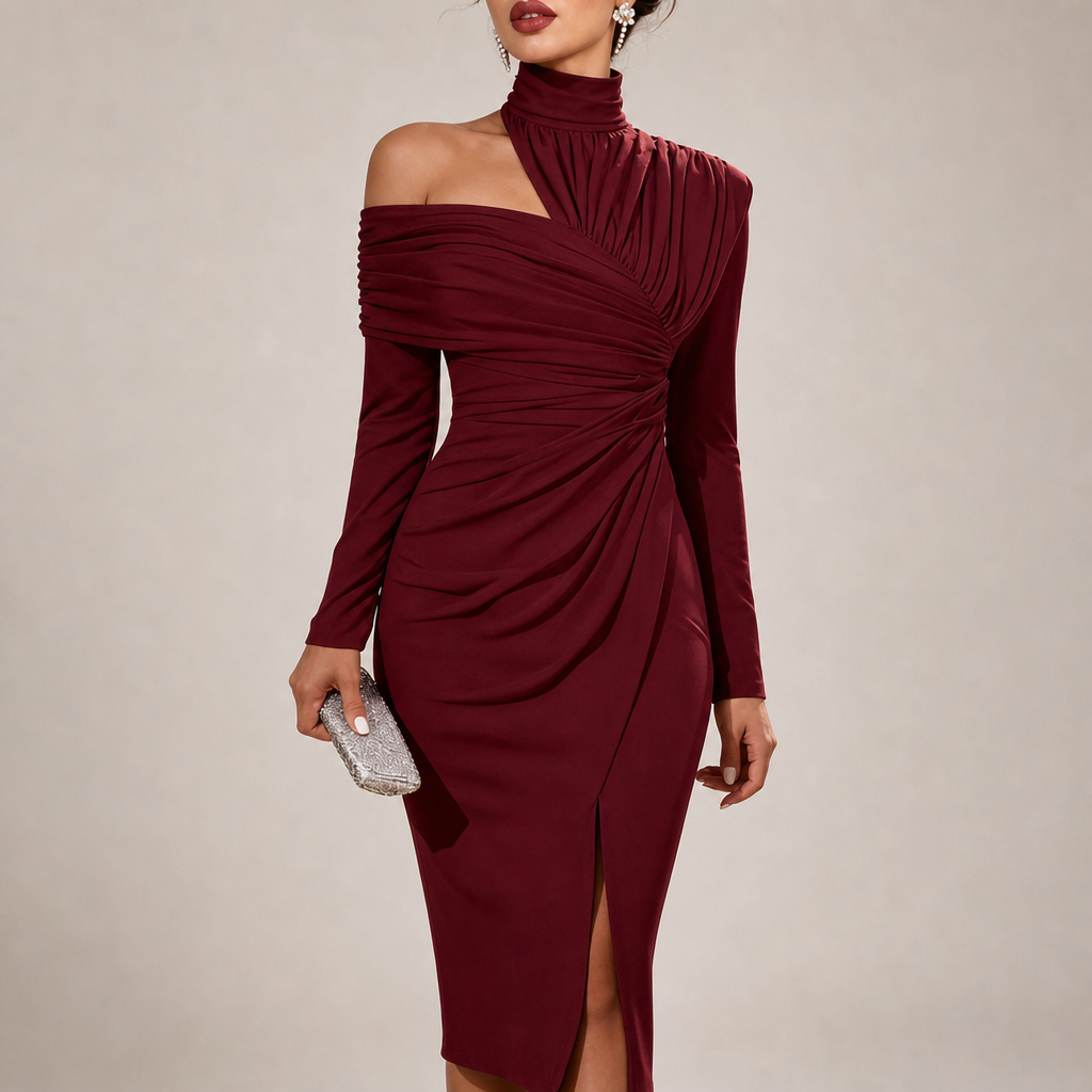 Ajaccio Ruched Asymmetrical Midi Dress in Burgundy