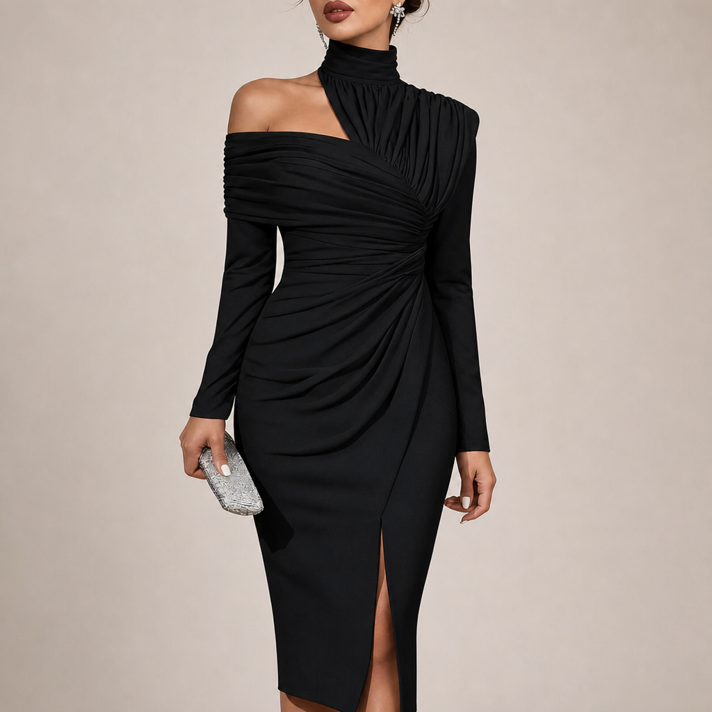 Ajaccio Ruched Asymmetrical Midi Dress in Black