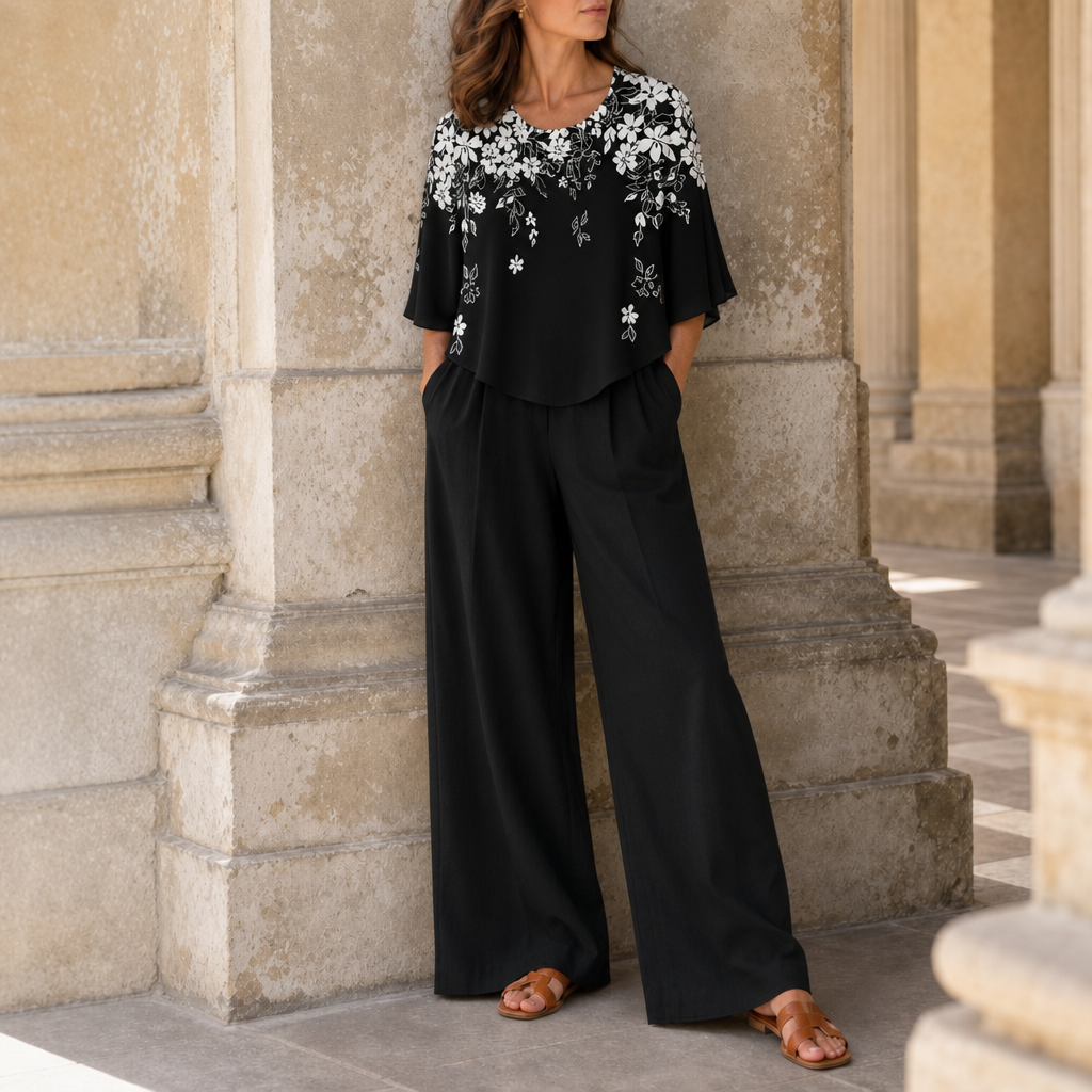 Alassio Layered Floral Two-Piece Set in Black
