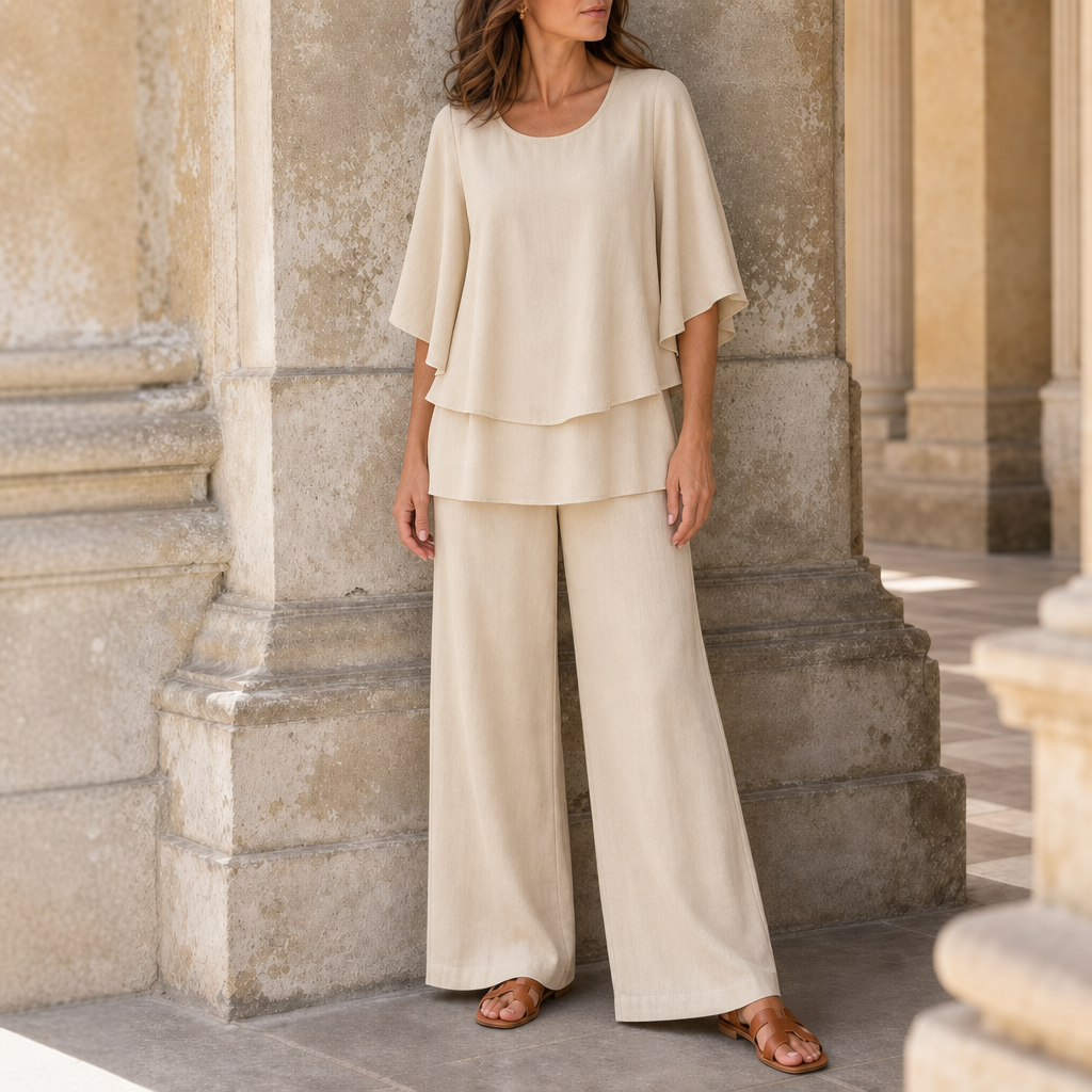 Alassio Layered Floral Two-Piece Set in Tan