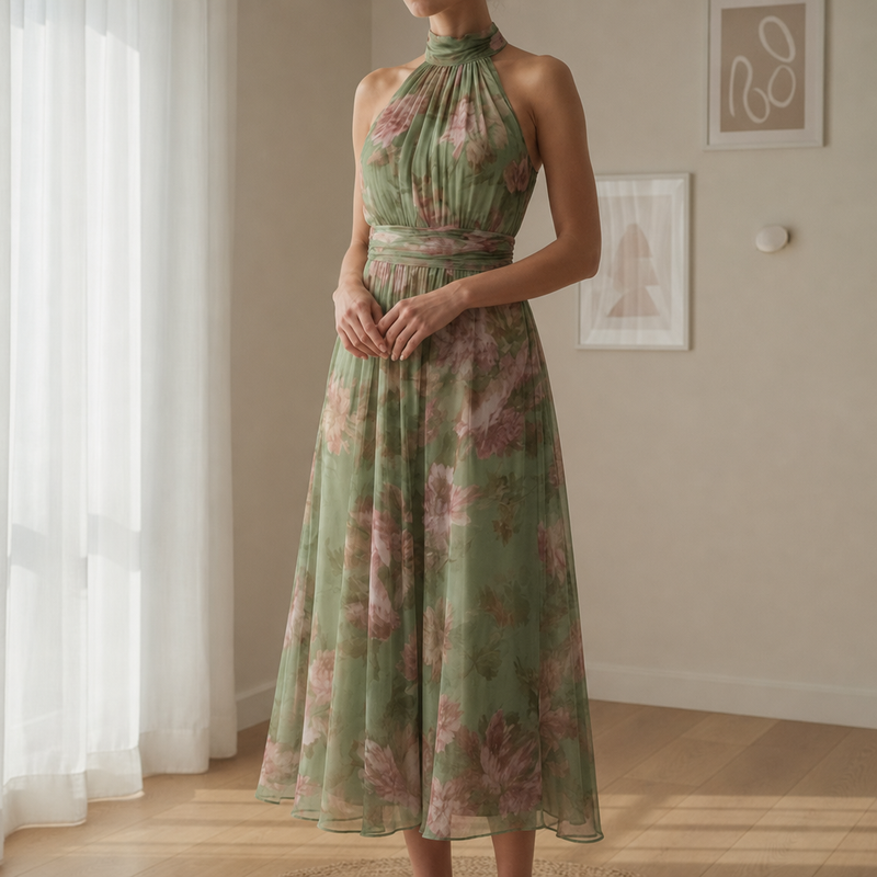 Alicante Floral Halter Maxi Dress in Sage Green