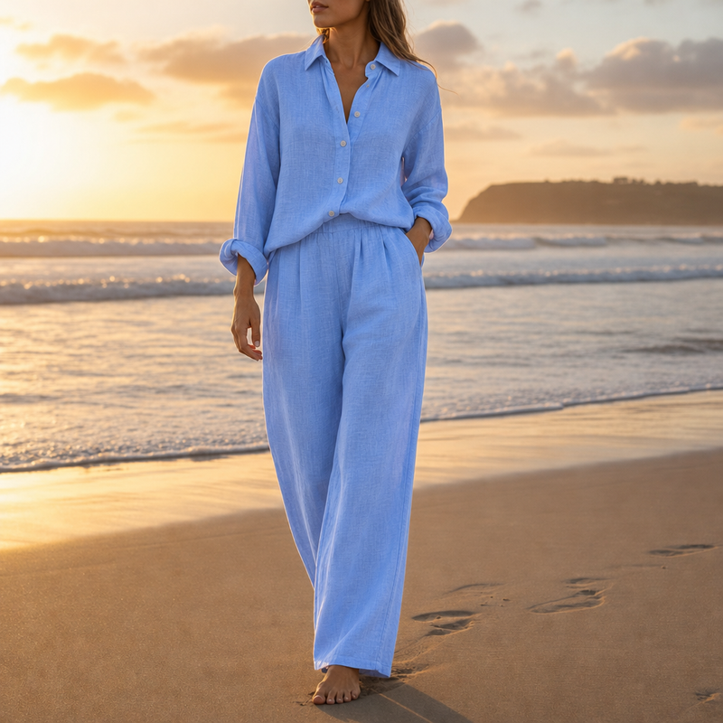 Alonnisos Linen Button-Up Co-ord Set in Blue