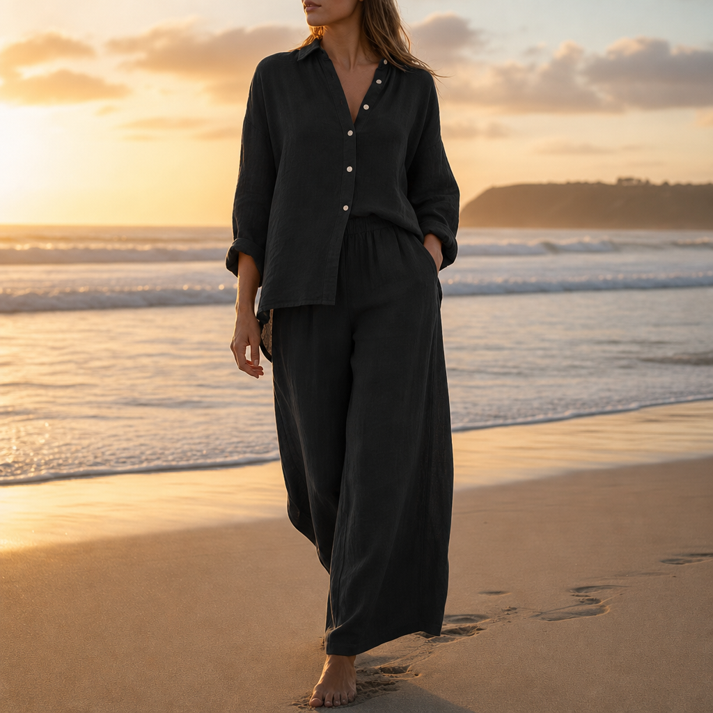 Alonnisos Linen Button-Up Co-ord Set in Black
