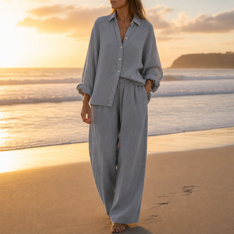 Alonnisos Linen Button-Up Co-ord Set in Gray