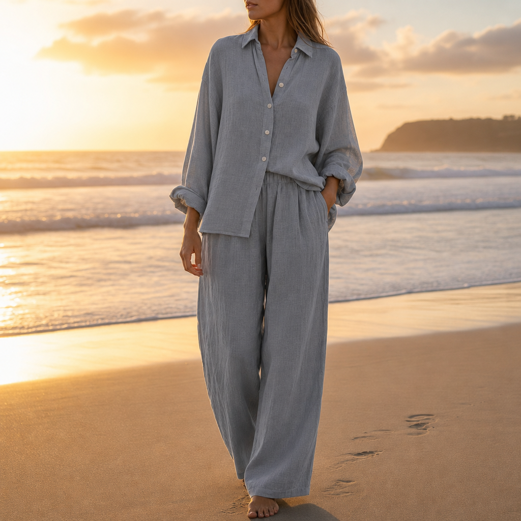 Alonnisos Linen Button-Up Co-ord Set in Gray