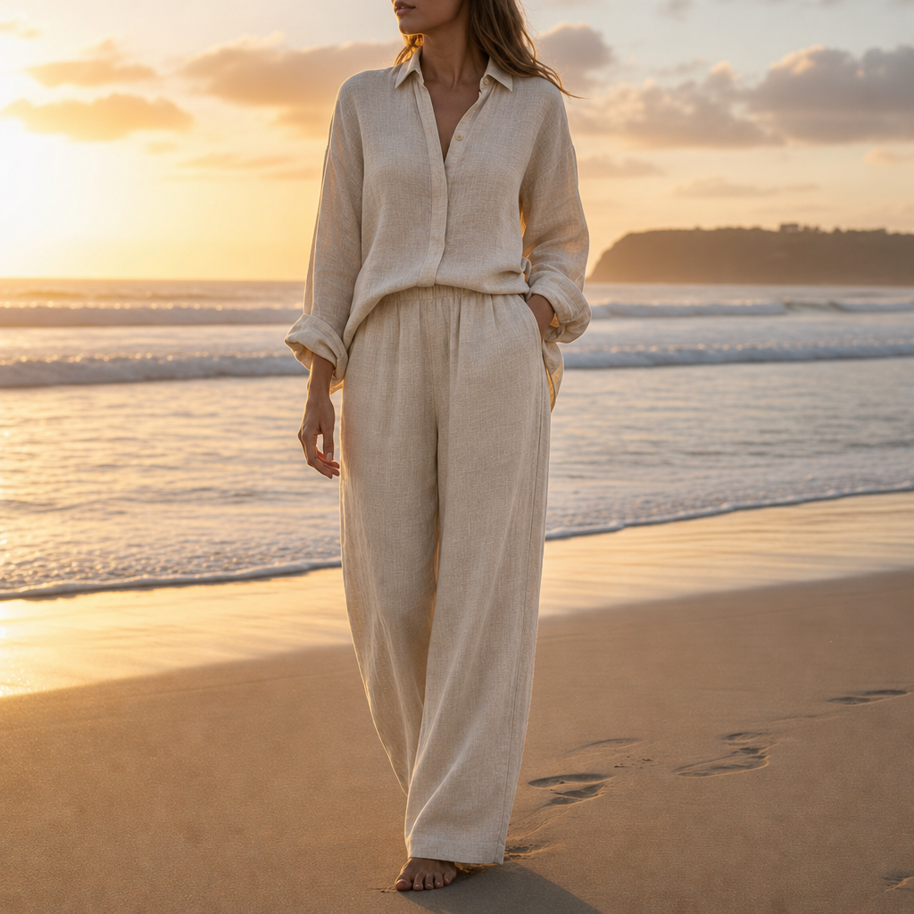 Alonnisos Linen Button-Up Co-ord Set in Khaki