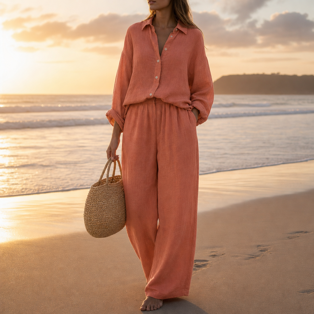 Alonnisos Linen Button-Up Co-ord Set in Orange