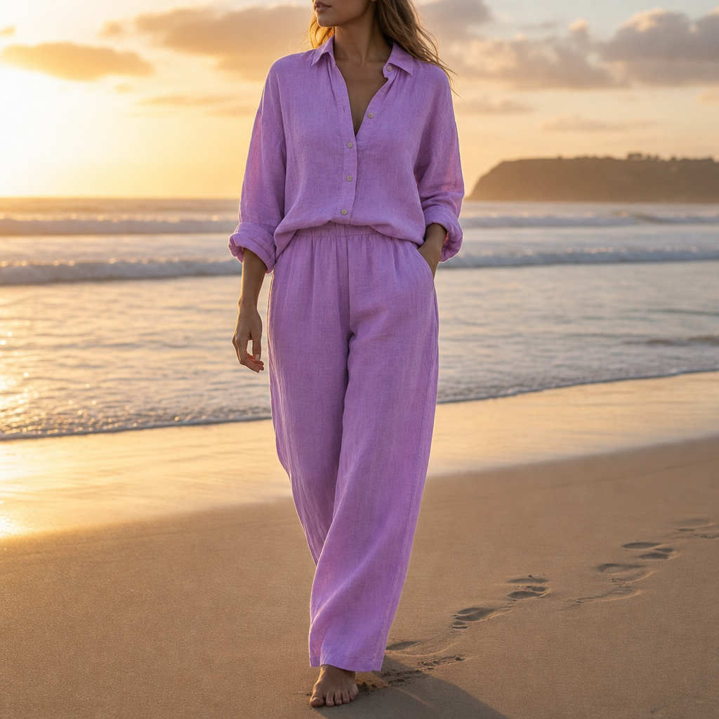 Alonnisos Linen Button-Up Co-ord Set in Purple
