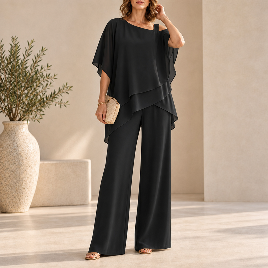 Amorgos Layered Chiffon Pant Set in Black